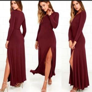 Swept Away Burgundy Long Sleeve High Slit Full Length Maxi Dress Stretch Knit XL